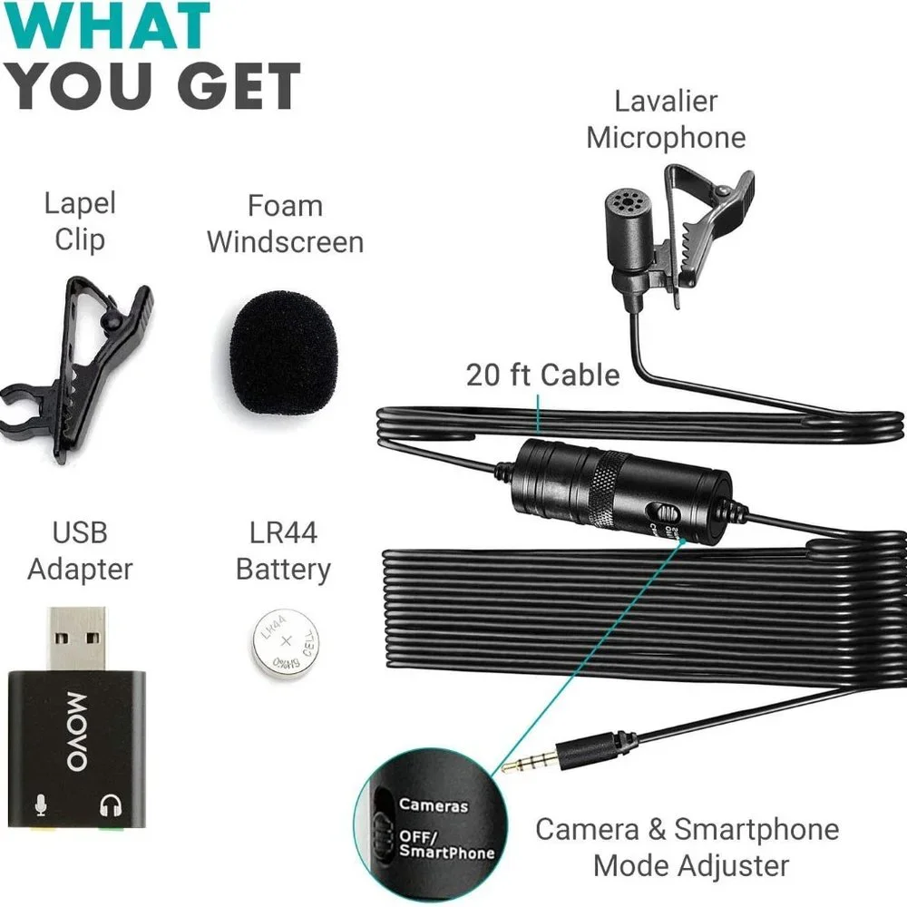 Hrayzan Webcam 1080p + Movo LV1-USB Lavalier Microphone for Computer